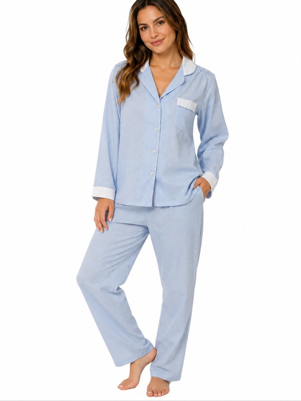 VTG Brandywine Light Blue Classic Long Sleeve Pajama Set White Trim Size S